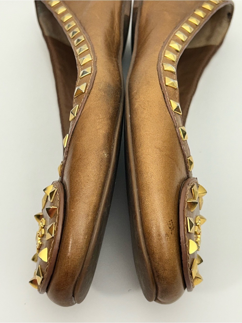 Tory Burch Dale Brown Leather Logo Gold Stud Ballet Flats Slip-on Size 9 - Picture 11 of 13